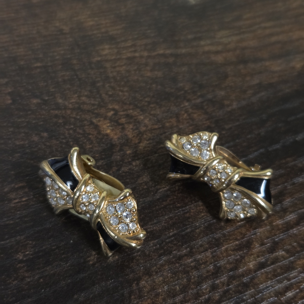 Swarovski 80s Goldtone and Black Enamel Crystal Clip Earrings